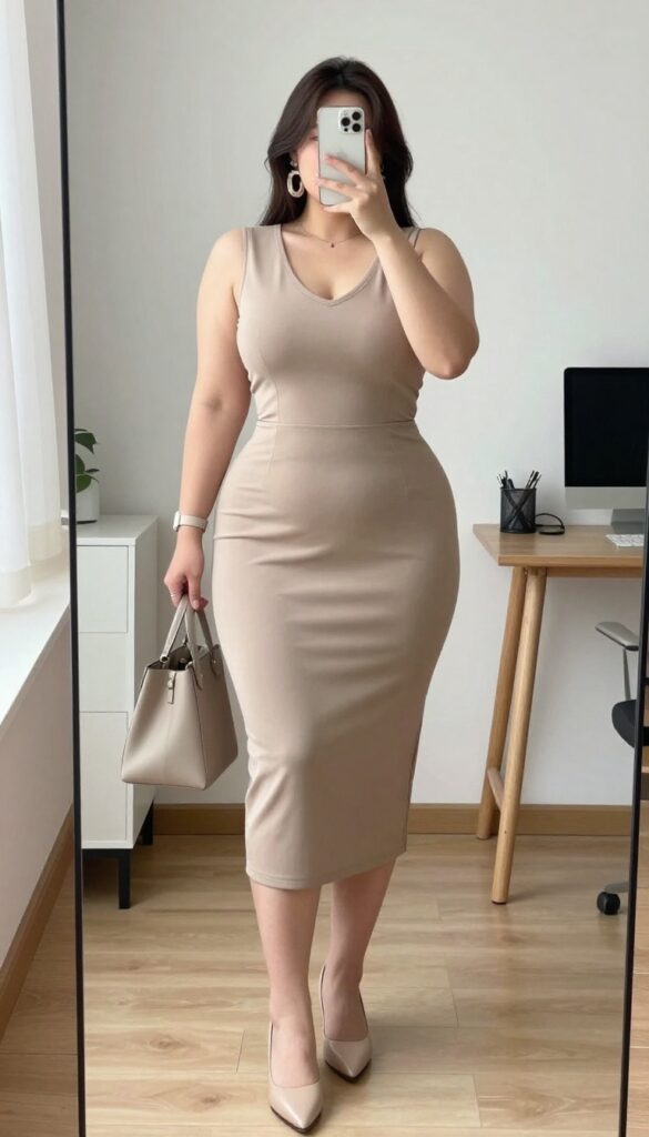 Plus-size woman in coral shift dress with statement earrings and low block heels for summer business casual