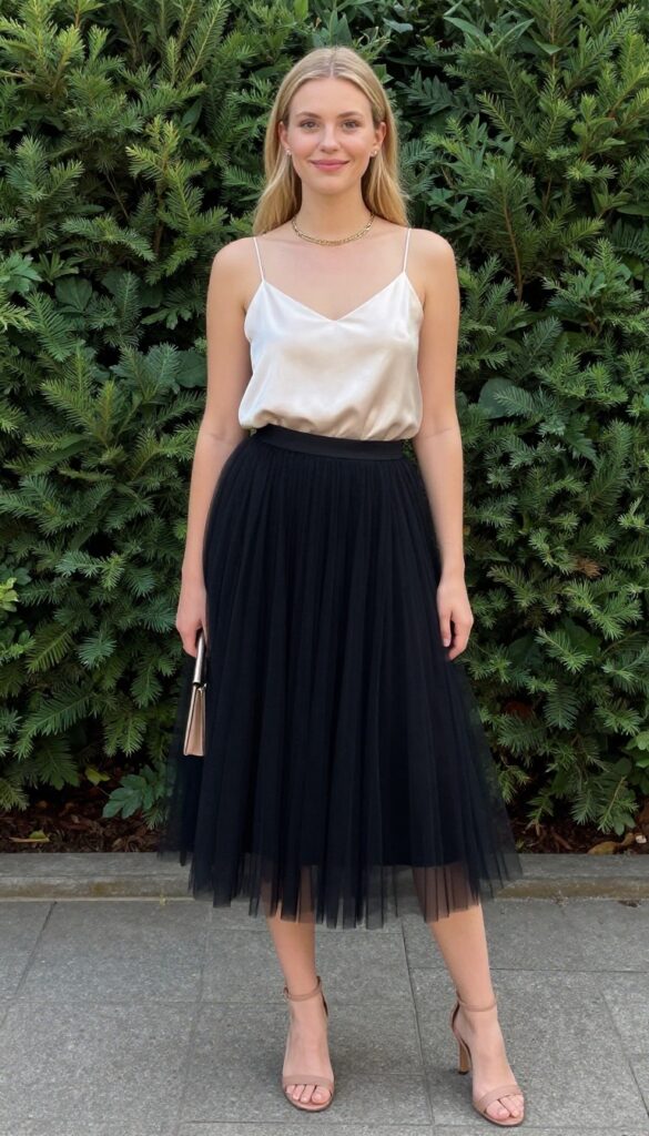 Woman in black tulle skirt and cream silk camisole in garden