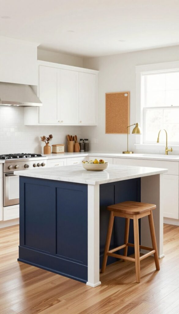 Kitchen island with built-in desk area, two-tier design, stool, task lamp, and corkboard, bright natural light.