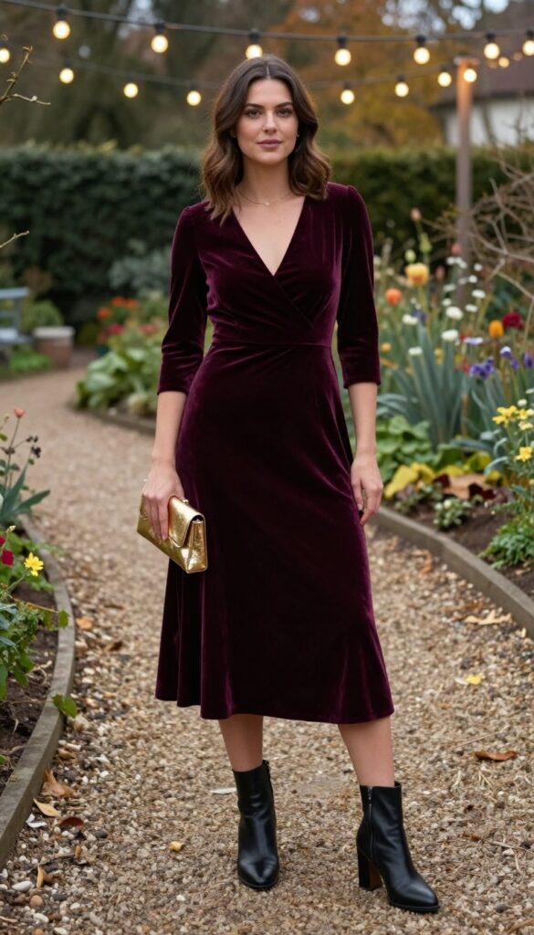 Woman in plum velvet midi dress with ankle boots and gold clutch at garden wedding
