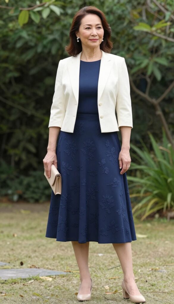Mature woman in navy two-piece set with floral embroidery, ivory bolero, nude heels, pearl earrings, beige clutch, standing in garden wedding setting.