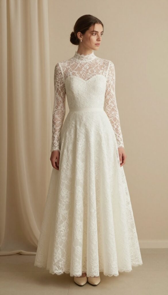 Woman in white lace ballgown with high neck and long sleeves standing in neutral ballroom