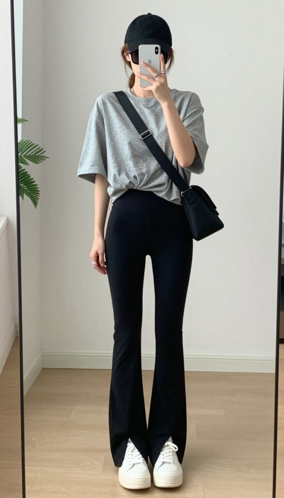 Woman in oversized graphic tee and black flared leggings taking a mirror selfie, with chunky sneakers and crossbody bag, in a bright room.