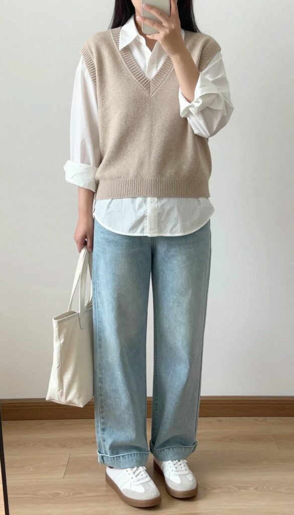 Woman in sweater vest and white button-down with wide-leg jeans and white sneakers, holding a tote bag, in a mirror selfie pose.
