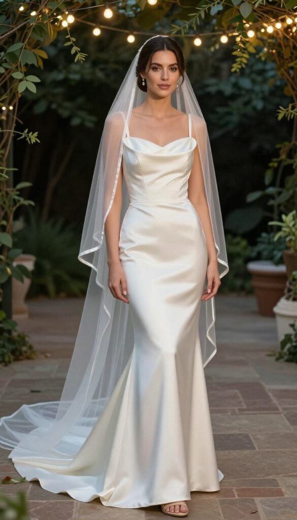 Woman in satin mermaid wedding dress with sweep train in evening garden