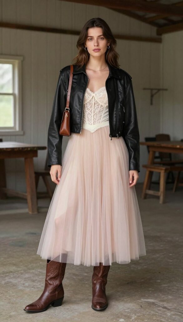Woman in ivory lace corset and blush tulle skirt with cowboy boots and leather jacket in rustic barn