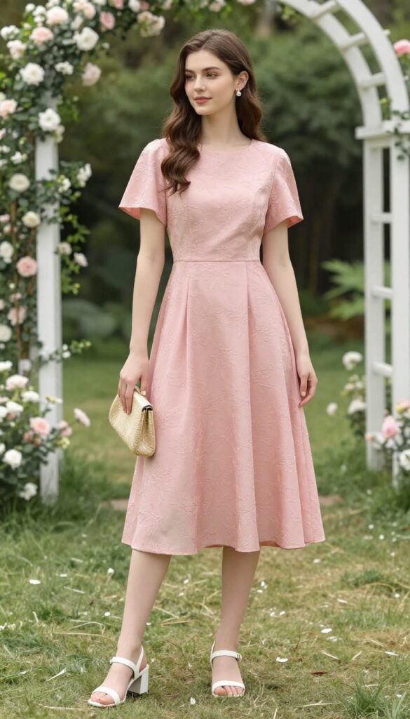 Woman in pastel pink brocade A-line dress with white block heels and woven clutch in garden
