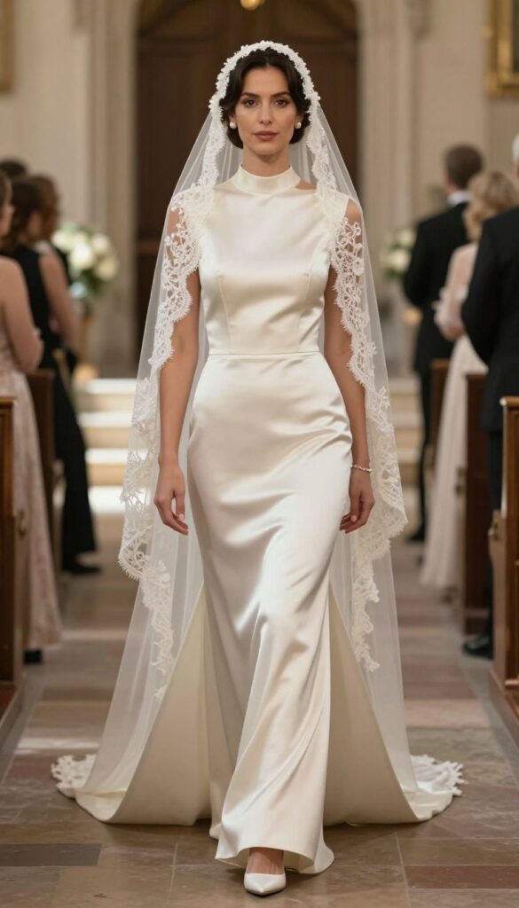 Classic satin high neck wedding dress with cathedral lace veil, pearl accessories, low bun, sunlit church aisle