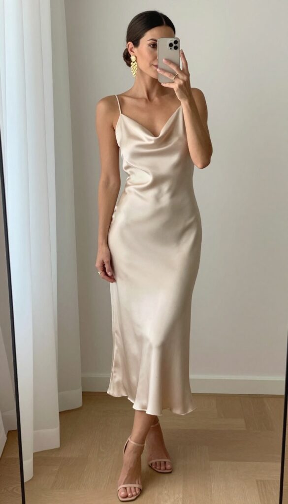 Woman in champagne satin slip dress with cowl neckline and gold chandelier earrings, standing in bright airy room.
