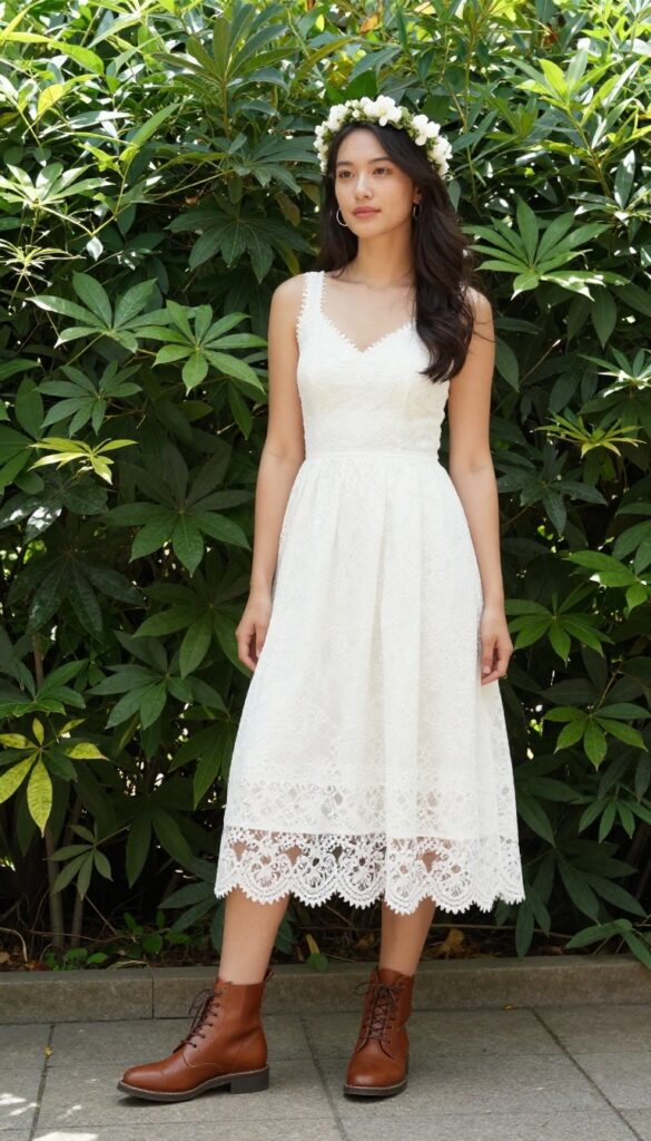 Woman in white lace a-line midi dress and brown lace-up boots with flower crown in garden