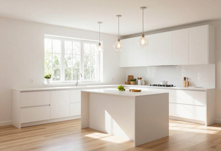 Bright kitchen island with three clear glass pendant lights hanging above, white cabinets, and natural light from a window.
