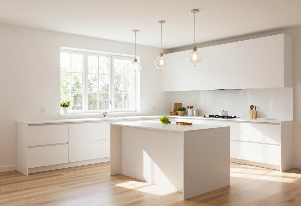 Bright kitchen island with three clear glass pendant lights hanging above, white cabinets, and natural light from a window.