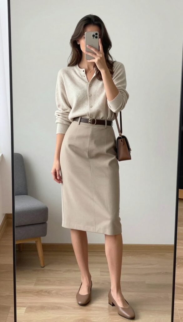 Woman in high-waisted skirt and cropped cardigan taking a mirror selfie, business casual outfit with neutral tones and flats.