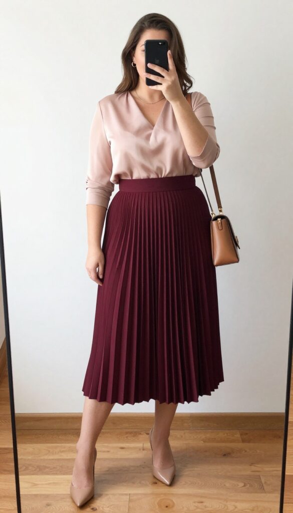 Plus-size woman in burgundy pleated skirt and blush silk blouse, taking a mirror selfie, elegant wedding guest outfit.