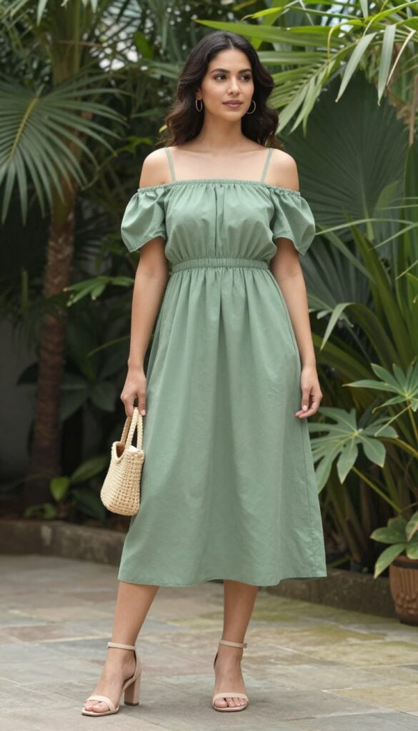 Woman in sage green off-shoulder bow strap dress, nude heels, woven bag, garden setting