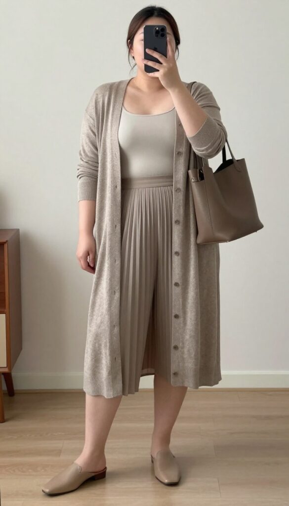 Woman in taupe cardigan, pleated midi skirt, and mules, taking a mirror selfie in a bedroom, phone partially covering face.