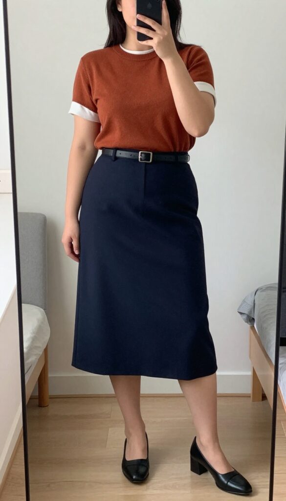 Woman in olive sweater vest, white tee, and navy A-line skirt posing in mirror selfie