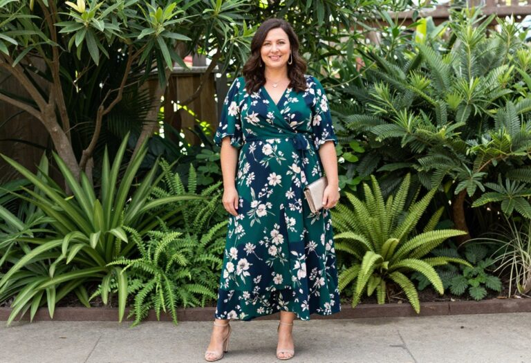 Woman in floral maxi dress and strappy heels standing in a garden, formal wedding guest outfit