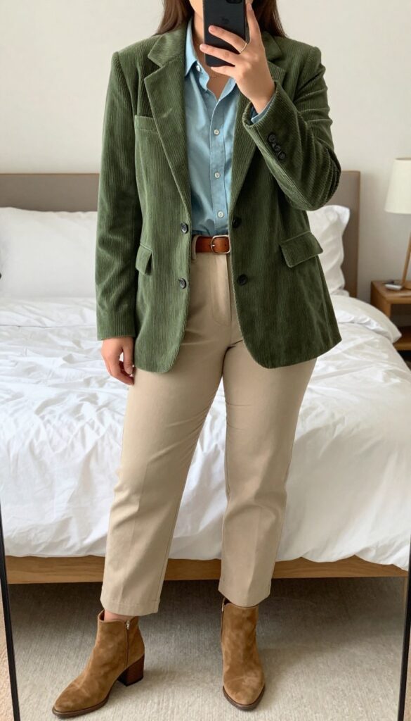 Moss green corduroy blazer paired with chambray shirt and beige trousers, styled with brown belt and tan suede ankle boots for a warm, textured business casual look.