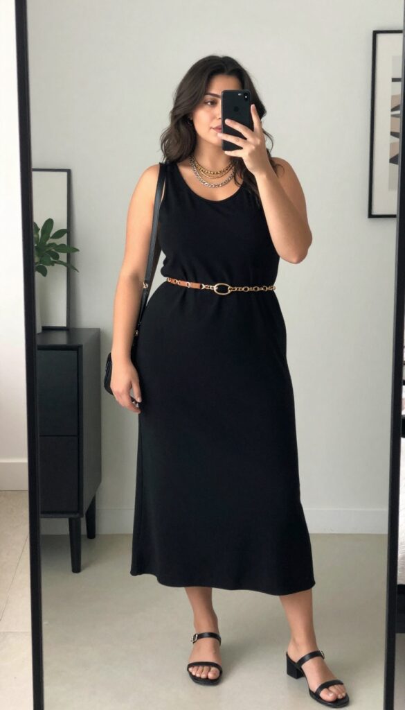 Plus-size woman in a black belted maxi dress taking a mirror selfie, accessorized with layered necklaces and a crossbody bag, in a bright, minimal room.