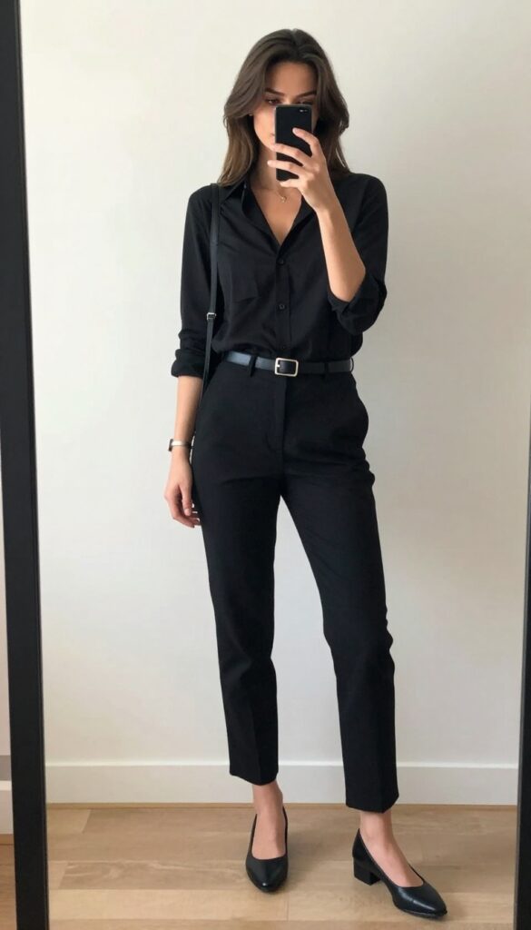 Woman in mirror selfie wearing black button-down shirt and straight-leg pants with leather belt, loafers, and structured tote, business casual outfit.