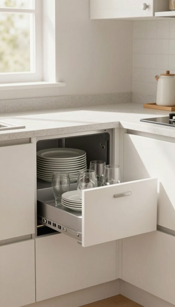 Compact dishwasher drawer installed under a counter in a bright, modern kitchen