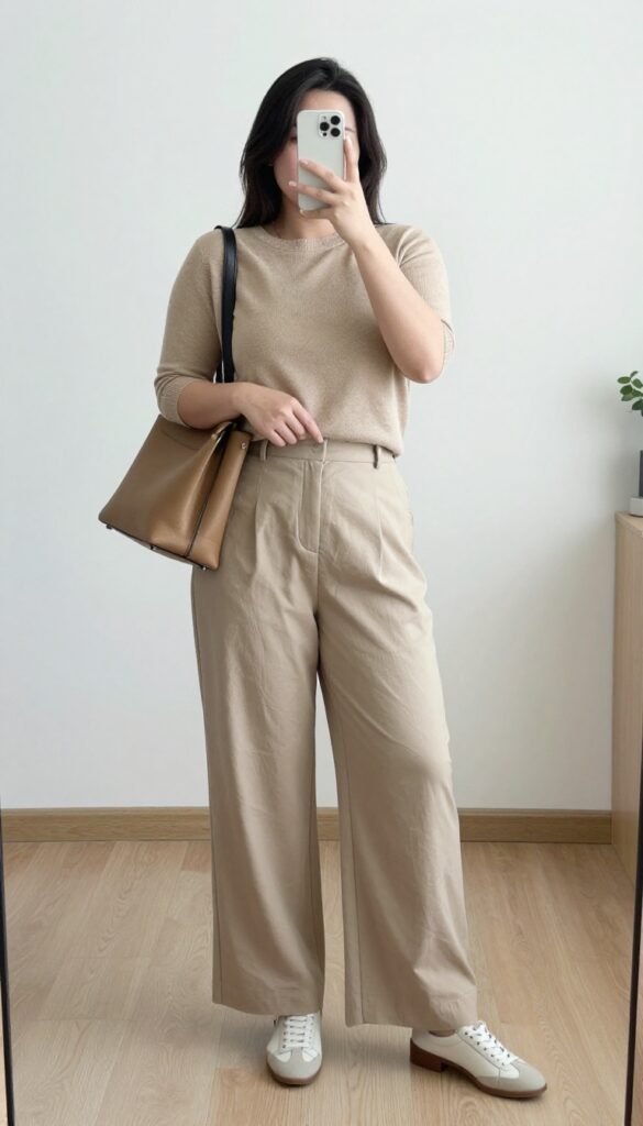 Woman in camel knit set with wide-leg trousers and crossbody bag, standing in hotel room
