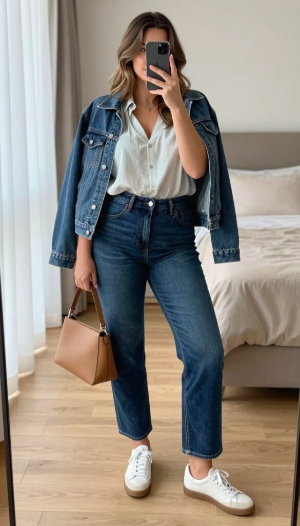Plus-size woman taking a mirror selfie wearing high-waisted stretchy jeans and a loose cream blouse, with white sneakers and a crossbody bag, in a bright hotel room.