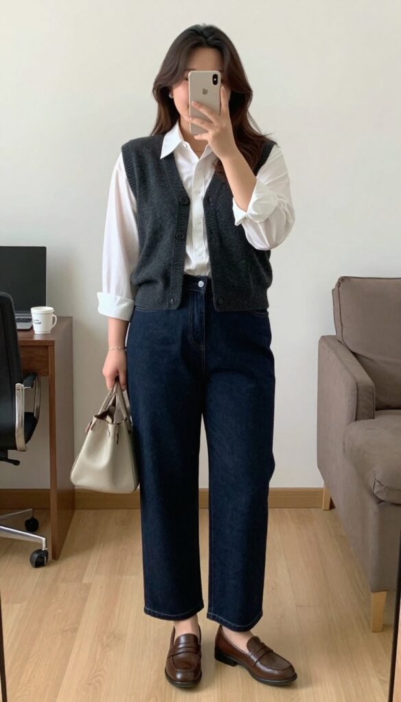 Woman wearing charcoal knit vest over white button-down shirt tucked into wide-leg jeans, with leather loafers and structured tote, posing in a creative office setting.