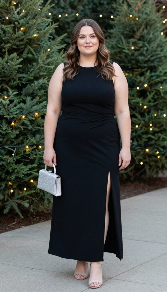 Plus-size woman in black maxi dress with side slit, nude strappy heels, and silver clutch at outdoor evening wedding reception with fairy lights.