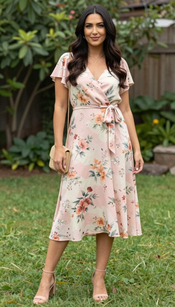 Woman in floral wrap dress and strappy sandals at garden wedding