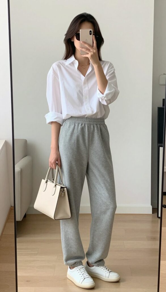 Woman in white button-down shirt and relaxed gray sweatpants taking a mirror selfie, smart-casual summer outfit.