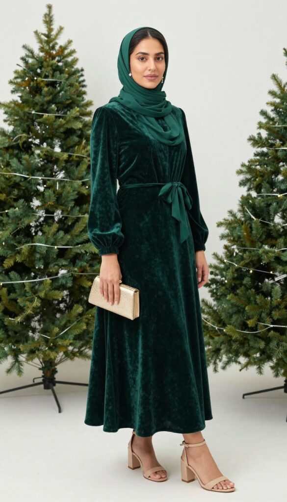 Hijabi woman in emerald green velvet maxi dress with oversized bow at back, matching hijab, nude block heels, gold clutch, at winter wedding venue.