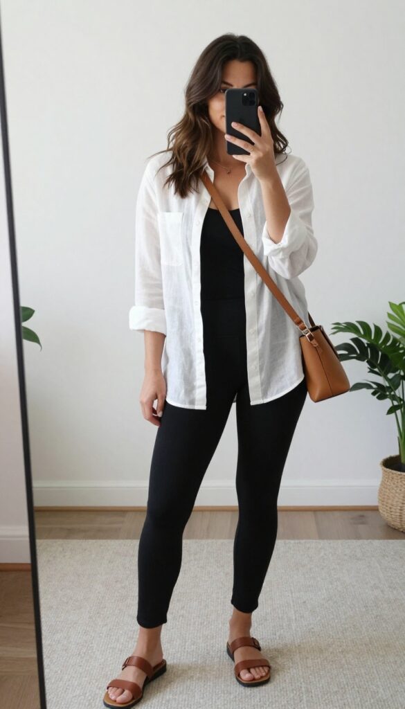 Woman in white linen button-down shirt and black flared leggings taking a mirror selfie, flat sandals, tan crossbody bag, sunglasses on head, bright natural light.