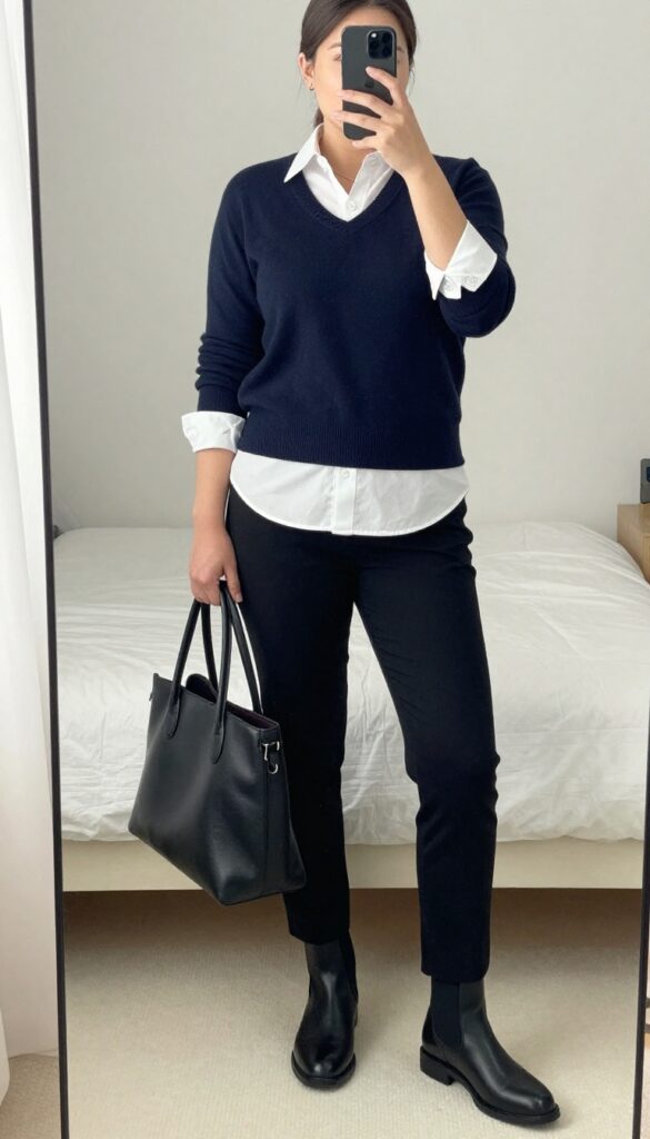 Woman in white Oxford shirt under V-neck sweater, black pants, Chelsea boots, holding leather tote.