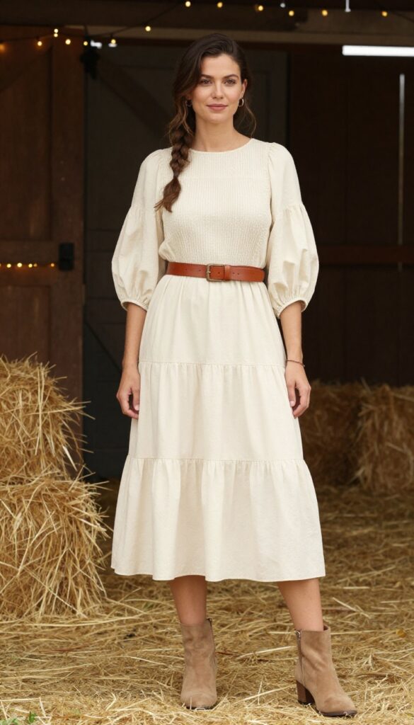 Woman in cream prairie dress with wide leather belt and suede ankle boots standing in rustic barn doorway