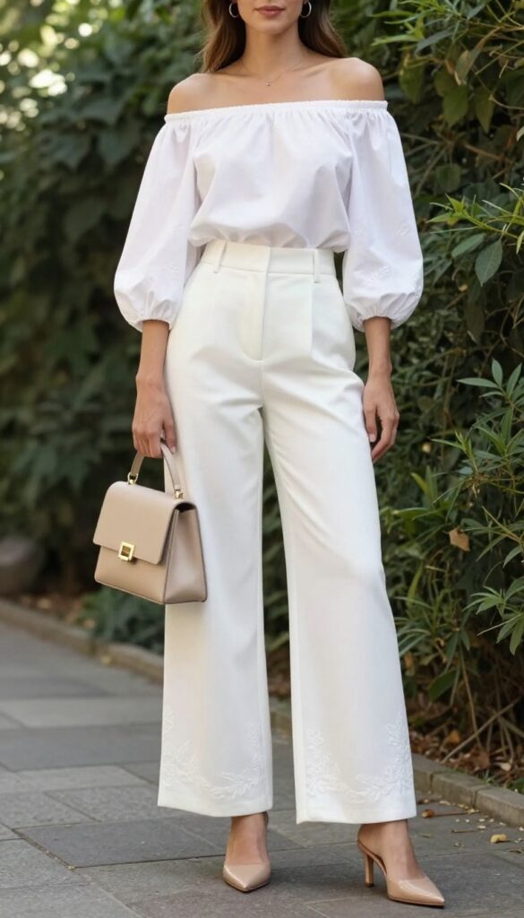 Woman in off-shoulder white top and wide-leg trousers with floral embroidery, nude heels, beige crossbody bag, in sunlit garden.