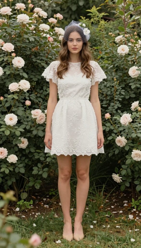 Woman in white floral embroidered mini dress with birdcage veil in garden