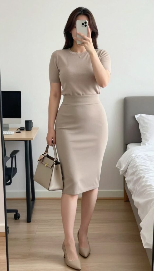A woman in a blush knit top and matching pencil skirt, low heels, and structured handbag, posing in an office setting.