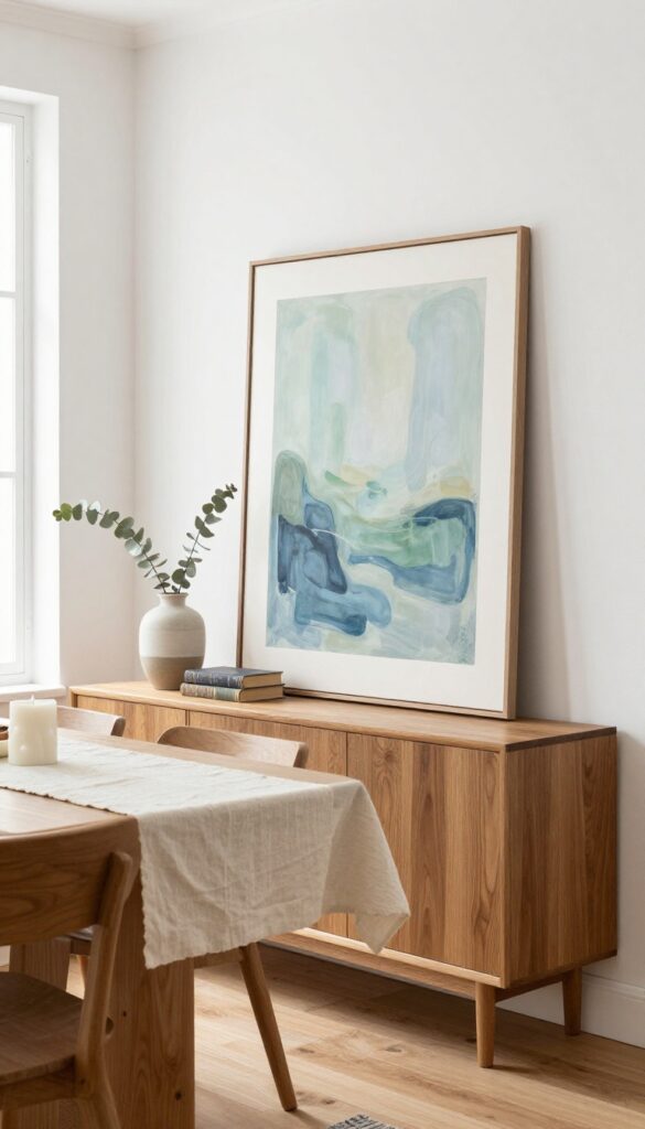 A sideboard styled with a leaning art piece, table runner, vase, books, and candle in a bright dining room.