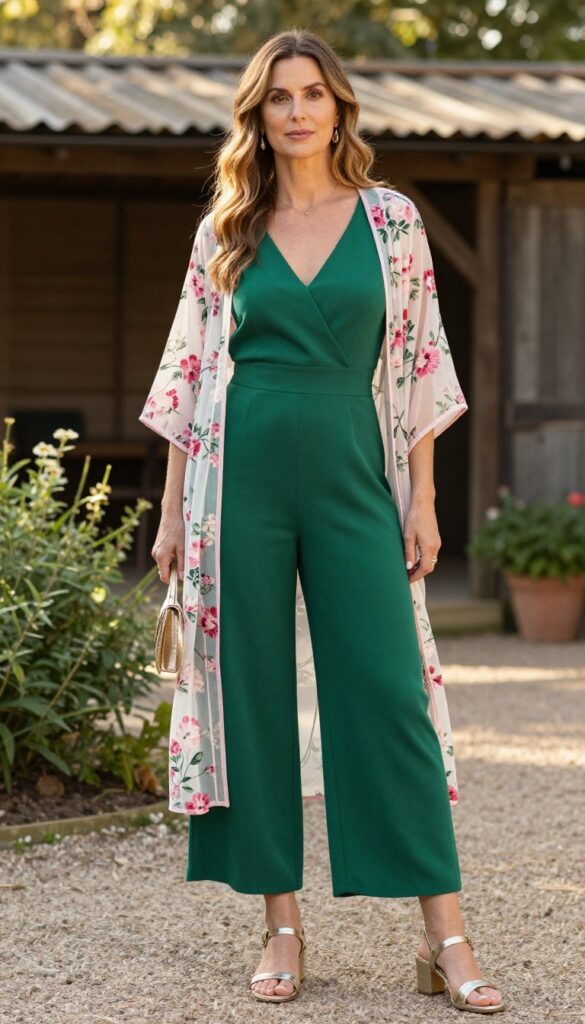 Woman in emerald green jumpsuit with floral kimono and gold sandals at rustic barn wedding