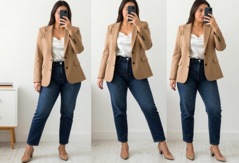 Woman in camel blazer and jeans taking a mirror selfie in bedroom