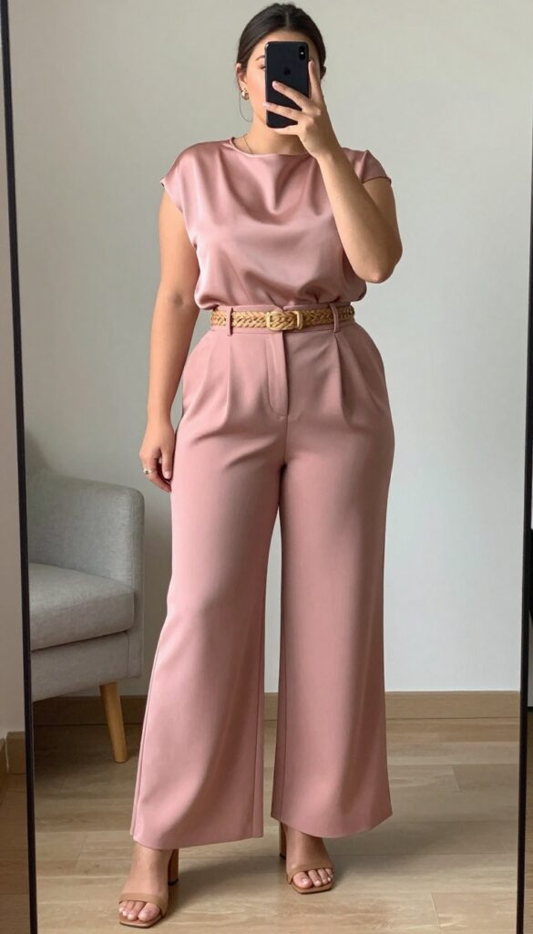Woman in dusty rose silk shell top tucked into high-waisted wide-leg trousers, with block-heel sandals and woven belt bag, standing in a bright office setting.