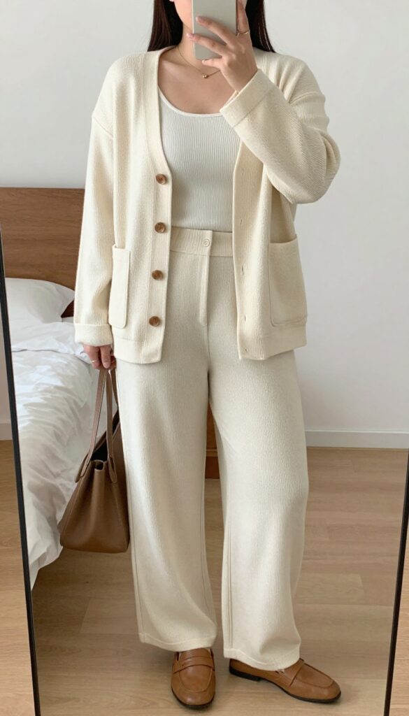 Woman in cream knit blazer and wide-leg trousers, mirror selfie, phone partially covering face