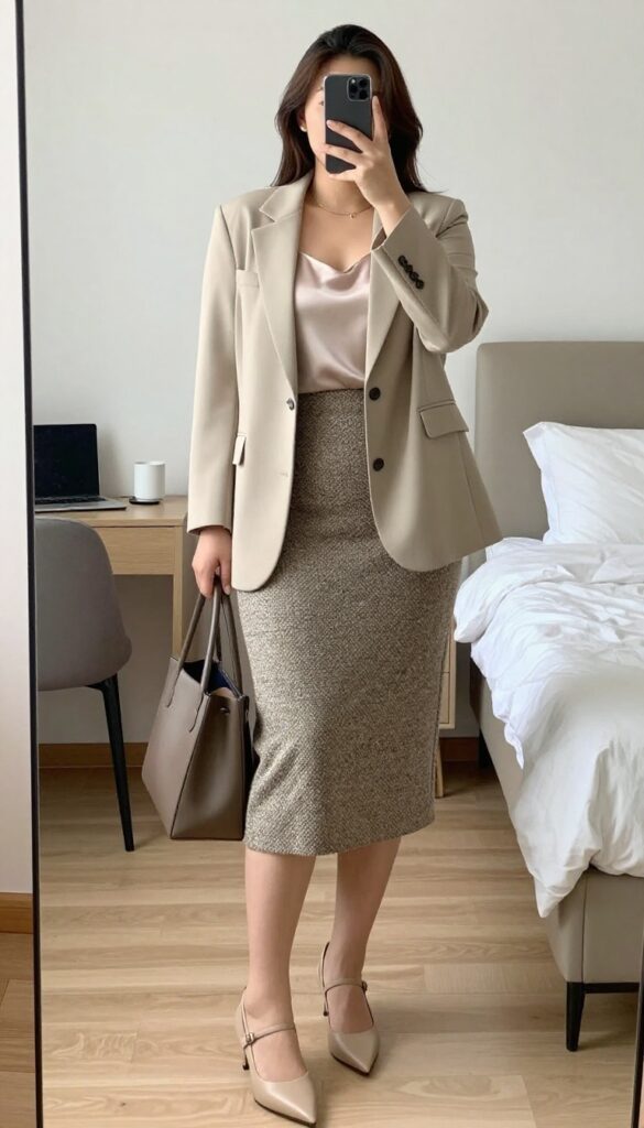 Woman in pencil skirt and oversized blazer, standing in a mirror selfie, phone partially covering face, bedroom background.