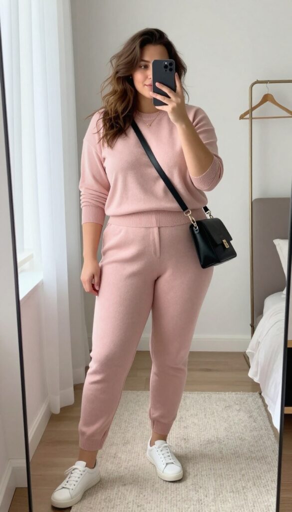 Plus-size woman in a dusty rose knit co-ord set taking a mirror selfie, wearing white sneakers and a crossbody bag, in a bright room.