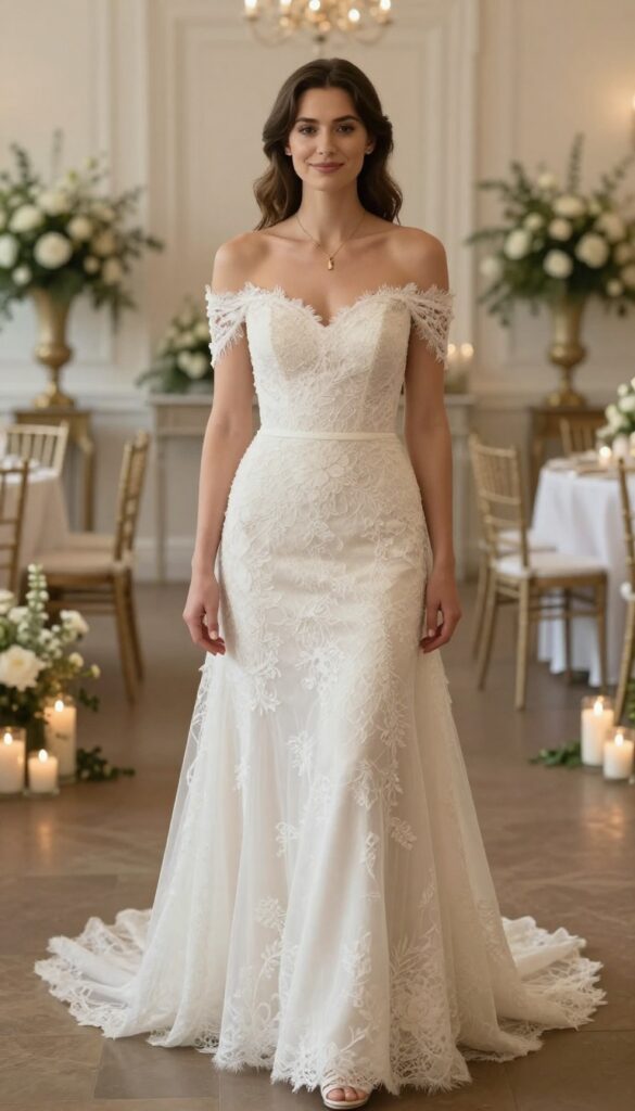 Woman in off-the-shoulder lace wedding dress with gold pendant necklace and wavy updo in ballroom