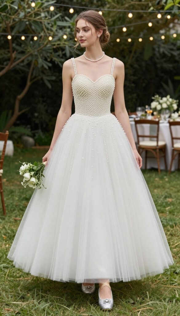 Woman in pearl ball gown with sparkly ballet flats at garden wedding