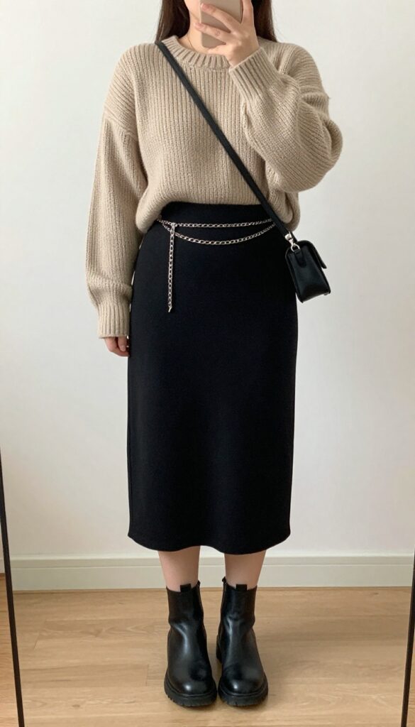 Mirror selfie composition with the model taking a selfie in front of a mirror at bedroom and partially covering her face with the phone. She wears an oatmeal oversized sweater, black midi skirt, silver belt, black ankle boots, and crossbody bag.