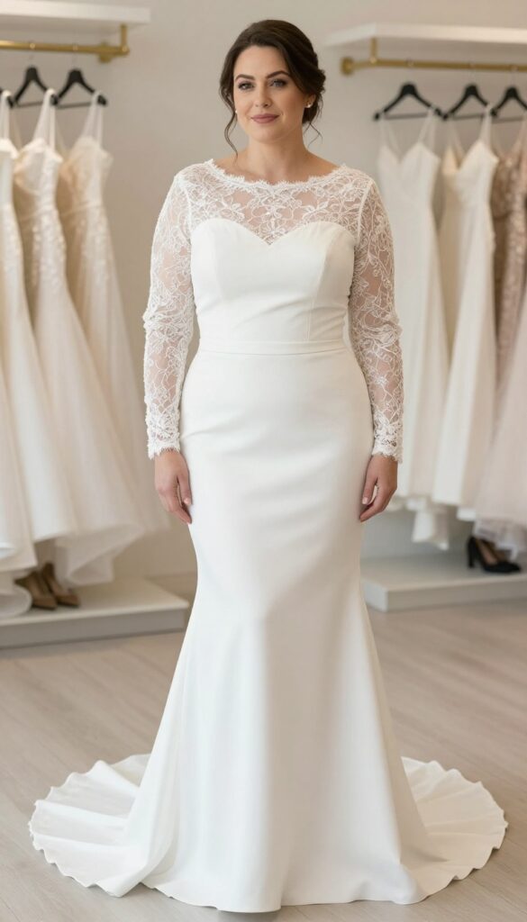 Curvy bride in sleek mermaid wedding gown with illusion lace, standing in bright bridal boutique